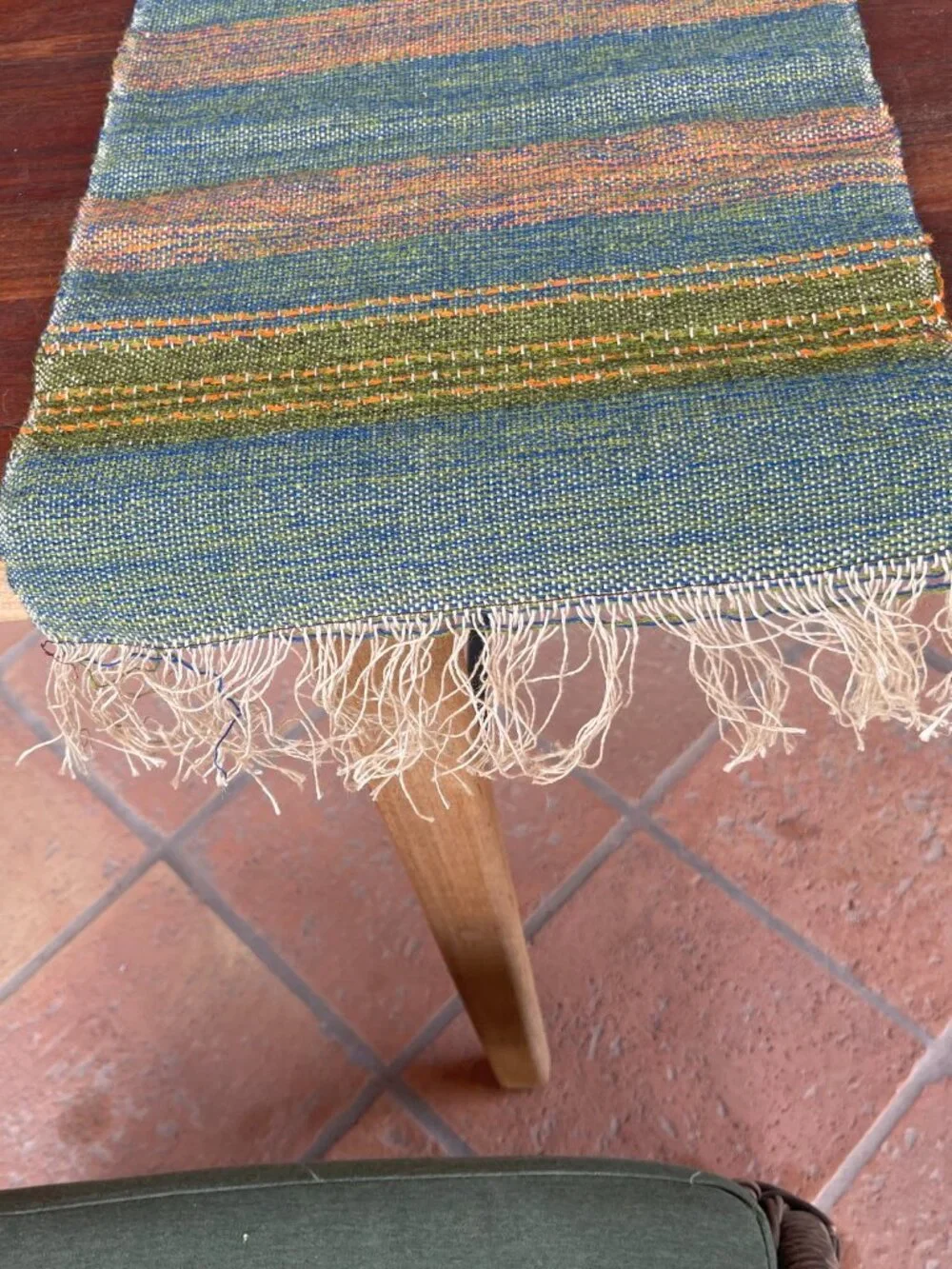 Mid Century Chimayo Rio Grande Green Blue Orange Stripe Wool Weaving